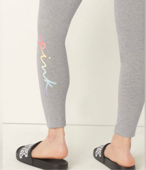 VS PINK Victoria’s Secret Gray Pink Script Logo up Leg Leggings XXL - Image 5